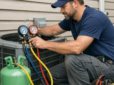An HVAC technician servicing an outdoor air conditioning unit