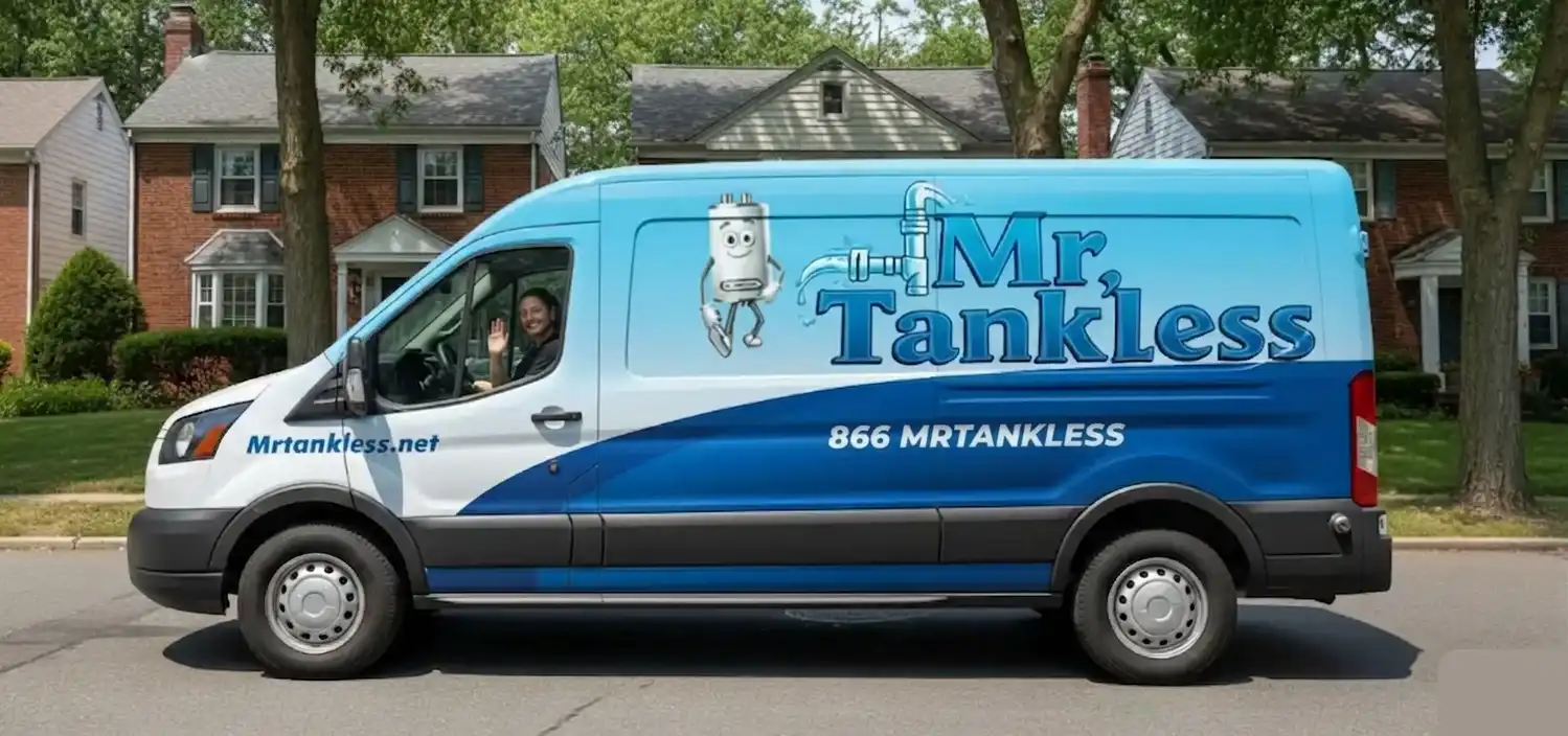 The blue Mr. Tankless service van outside a New Jersey home